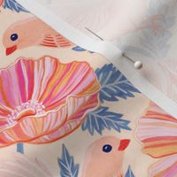 Bonny Birds and Peachy Poppies on Cream - medium