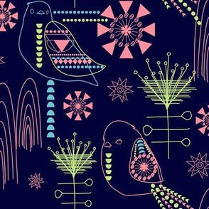 Songbirds and Wildflowers - Navy, blue,  light green and pink
