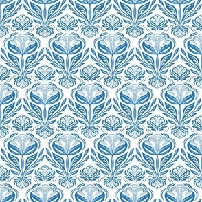 Geometric rows of stylised flowers denim blue and white, reversed large scale