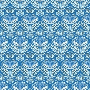 Geometric rows of stylised flowers denim blue and white, small scale