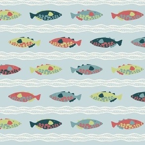 Tropical Fish in Swim Lane Stripes on a blue background (M)