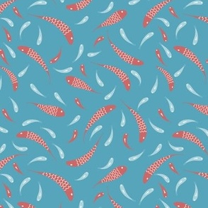 Swirling Shoal Of Fish in Aqua Blue and Coral Red