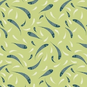 Swirling Shoal Of Fish in Lime Green and Navy Blue