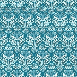 Geometric rows of stylised flowers teal, sea green and white, small scale