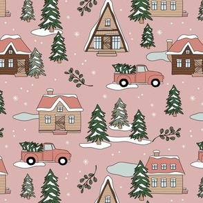 Vintage Christmas - Little winter village seasonal christmas trees pick up and cabins in the woods blush pink