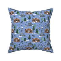 Vintage Christmas - Ski adventures and cabins in the woods winter wonderland pine trees and ski lift vintage green brown blue