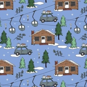 Vintage Christmas - Ski adventures and cabins in the woods winter wonderland pine trees and ski lift vintage green brown blue