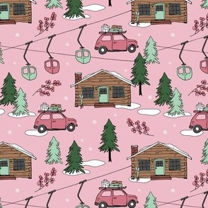 Vintage Christmas - Ski adventures and cabins in the woods winter wonderland pine trees and ski lift vintage mint green on vintage pink