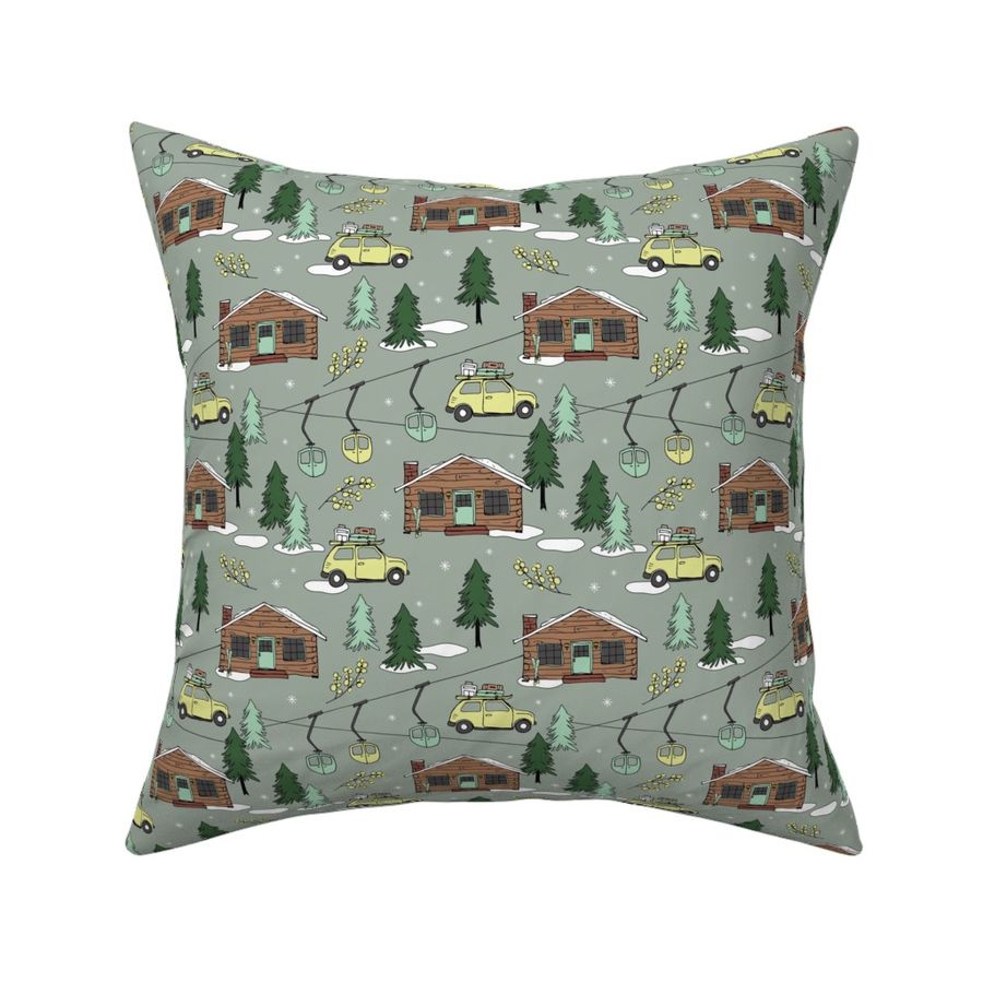 Vintage Christmas - Ski adventures and cabins in the woods winter wonderland pine trees and ski lift vintage lime yellow green on sage