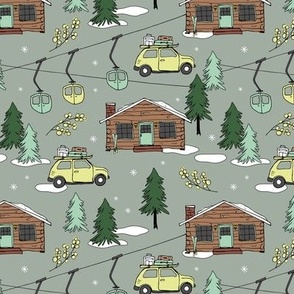 Vintage Christmas - Ski adventures and cabins in the woods winter wonderland pine trees and ski lift vintage lime yellow green on sage