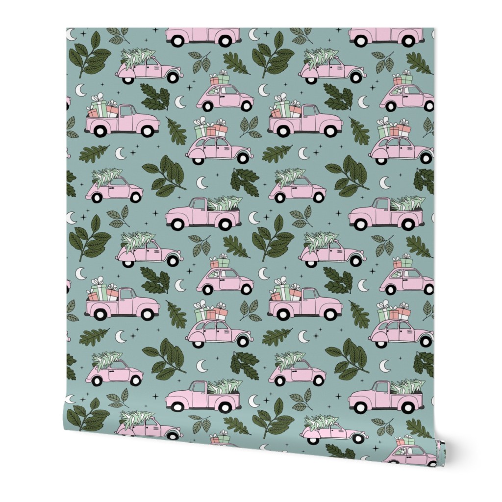 Vintage Christmas - oldtimer cars and christmas trees and wrapped gifts winter wonderland pink mint pine green on moody blue