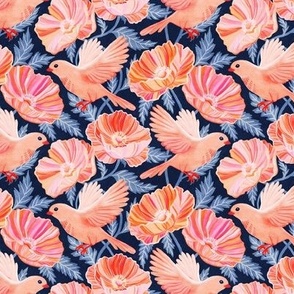 Bonny Birds and Peachy Poppies on Navy Blue - small