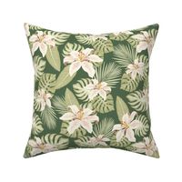 Large Tropical  Foliage and Florals. Lily Flower with Palm and Monstera Leaves