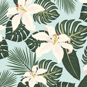 Large Tropical  Foliage and Florals. Lily Flower with Palm and Monstera Leaves