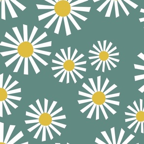 Giant Cheerful Daisies - white with yellow centers on blue-green