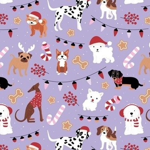 Dogs Christmas party - seasonal puppies with santa hats candy canes christmas cookies and lights kids design red pink on lilac purple