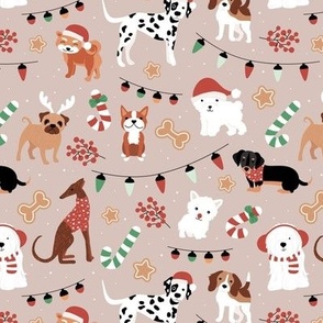 Dogs Christmas party - seasonal puppies with santa hats candy canes christmas cookies and lights kids design red green on soft beige seventies brown
