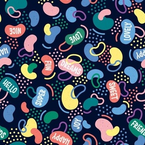 Tweens abstract geometric pattern words // small scale 0011 B //  blue pink violet apricot yellow green red dots curves arches words