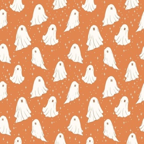 cute ghosts in the night in pumpkin orange and warm white