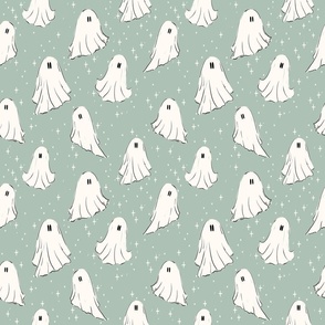 cute ghosts in the night in mint sky green and warm white
