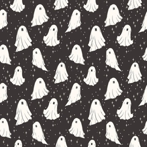 cute ghosts in the night in midnight sky black and warm white