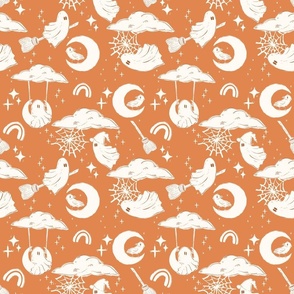 Cute Halloween Ghosts at Play in pumpkin orange and warm white