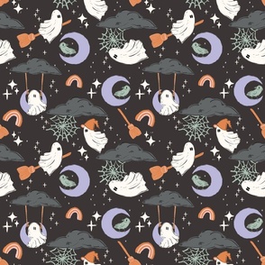 Cute Halloween Ghosts at Play in midnight sky black purple mint orange warm white