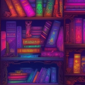 Wizard  Spooky Neon Halloween Books on Library Spell Book Shelf