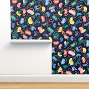 Tweens abstract geometric pattern words // normal scale 0011 B //  blue pink violet apricot yellow green red dots curves arches words