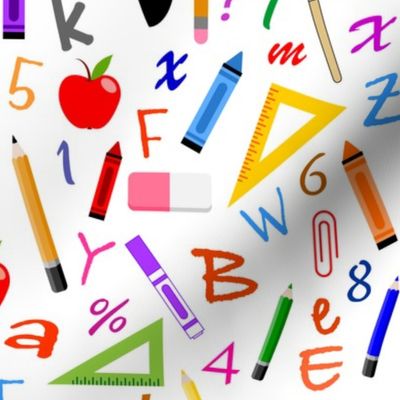 Alphabet colorful letters , numbers, and school supplies on white background