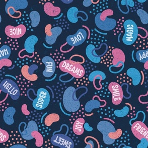 Tweens abstract geometric pattern words // normal scale 0011 A // navy blue pink violet apricot dots curves arches words