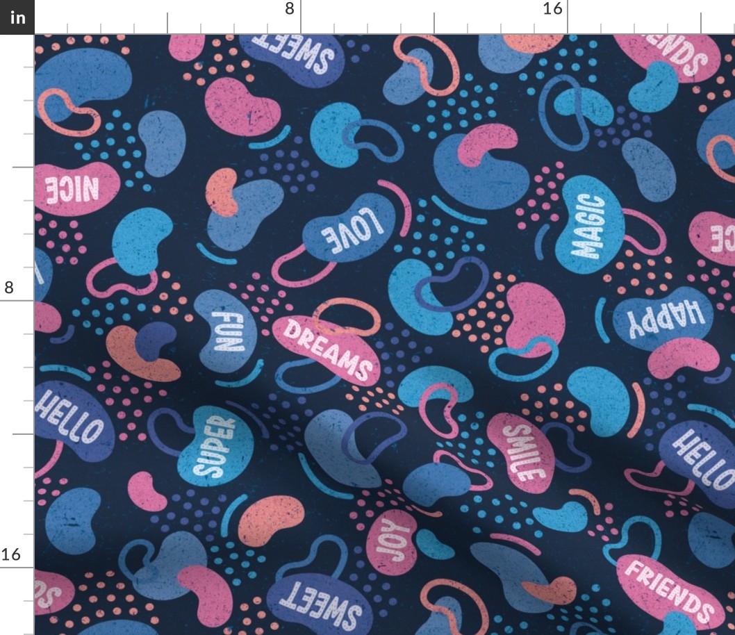 Tweens abstract geometric pattern words // normal scale 0011 A // navy blue pink violet apricot dots curves arches words