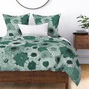 Monochromatic Teal Green Maximalist Floral Large Scale