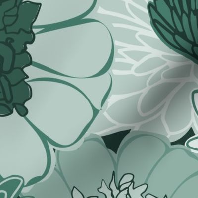 Monochromatic Teal Green Maximalist Floral Large Scale