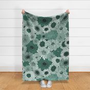 Monochromatic Teal Green Maximalist Floral Large Scale