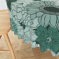 Monochromatic Teal Green Maximalist Floral Large Scale