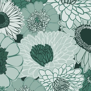 Monochromatic Teal Green Maximalist Floral Large Scale