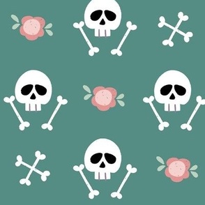 Cute Girly Bones Green, Skeletons, Pink Halloween, Charming Skeletons, Whimsical Skulls, Cute Bones, Cute Halloween with Flowers, Pink and Green, Girly Halloween