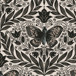Butterfly damask - Black, grey and off white. Vintage floral. // Big Scale