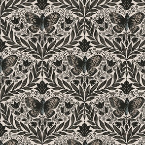 Butterfly damask - Black, grey and off white. Vintage floral. // Medium Scale