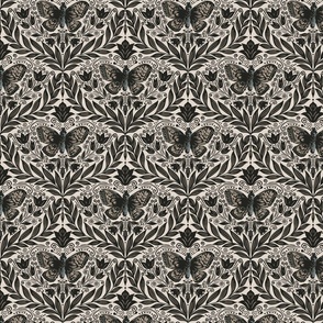 Butterfly damask - Black, grey and off white. Vintage floral. // Small Scale