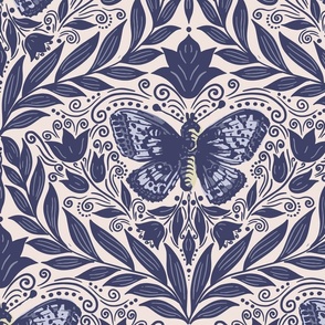 Butterfly damask - Navy, indigo blue and off white. Vintage floral. // Big Scale