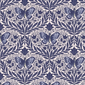 Butterfly damask - Navy, indigo blue and off white. Vintage floral. // Medium Scale