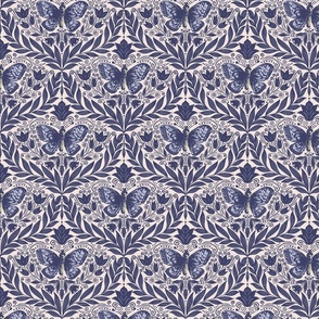 Butterfly damask - Navy, indigo blue and off white. Vintage floral. // Small Scale