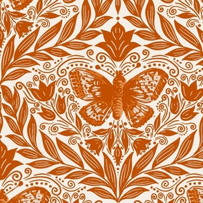 Butterfly damask - Orange, rust and off white. Vintage floral. // Big Scale