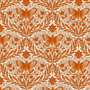 Butterfly damask - Orange, rust and off white. Vintage floral. // Medium Scale