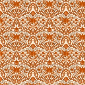 Butterfly damask - Orange, rust and off white. Vintage floral. // Small Scale