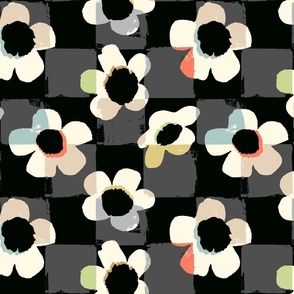 Flower Power Toss Check Background - Multi Color on Black and Gray - Large