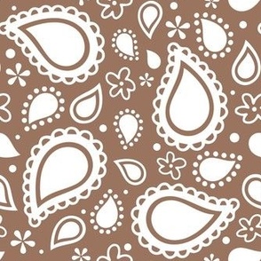 Medium Scale Playful Paisley Bandana White on Mocha