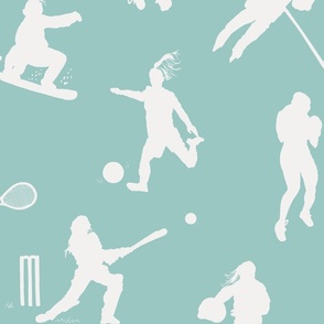 Hand Drawn Silhouettes Of Women Playing Sports Off White On Turquoise Blue Large